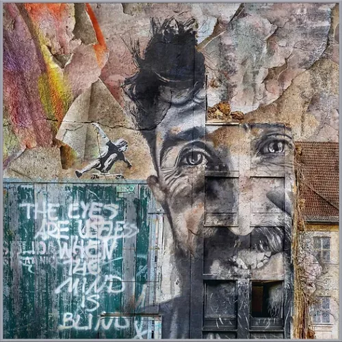 OPEN YOUR MIND. Fotocollage und Graffities lachender Mann mit Bart auf Hausfassade. Streetart von Alex Hüfner (echt Berlin) unterstützt von Alexander Herweg