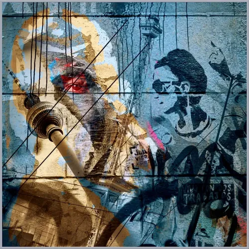 BLAUE STUNDE.Fotocollage Berliner Fernsehturm und Graffities. Streetart von Alex Hüfner (echt Berlin) unterstützt von Alexander Herweg-Alex Hüfner-Alexander Herweg