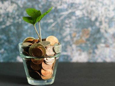 Glas mit Kleingeld darin, aus dem eine kleine Pflanze wächst. Sales.