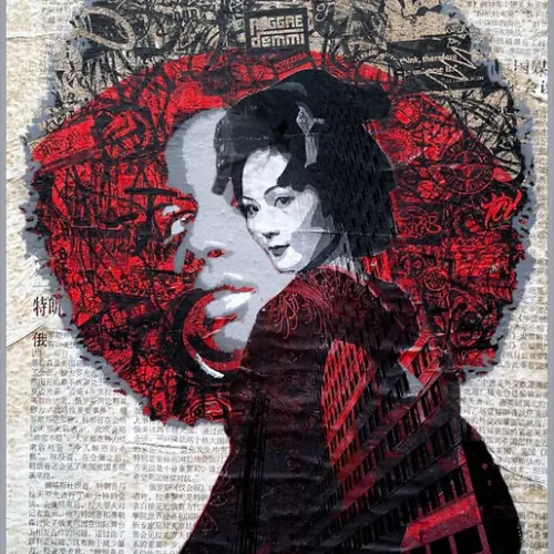 GEISHA. Fotocollage Geisha und Graffities. Streetart von Alex Hüfner (echt Berlin) unterstützt von Alexander Herweg.
